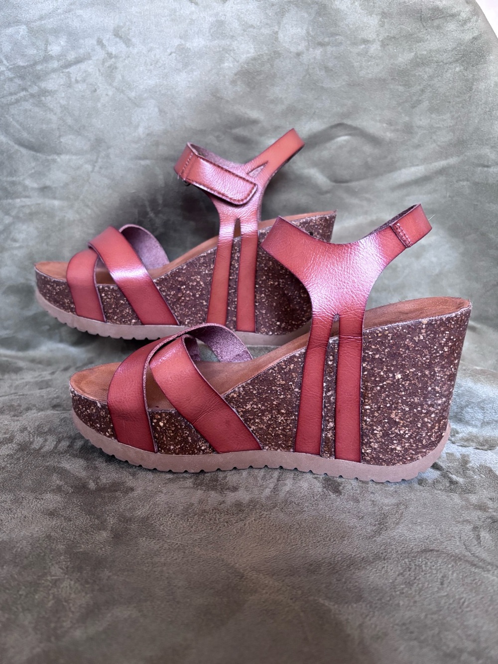 BJORNDAL Cognac Leather Strappy Cork Wedge Sandals Adjustable Ankle Straps SZ 7 - Picture 8 of 16